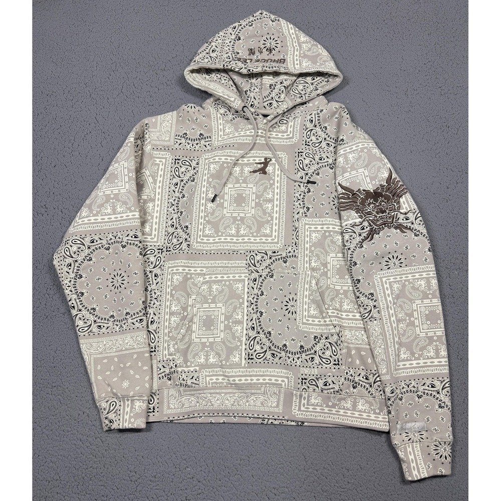 Bruce Lee Hoodie Mens Large Gray Bandana Paisley Fleece Pullover Dragon Graphic